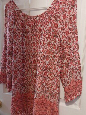 Women's XL Rayon Tunic Orange, White & Brown Bohemian style